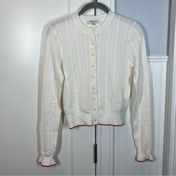 Madewell Cream Signature Open-Knit Cardigan Ruffle Hem NWT Casual Lightweight - Picture 2 of 8